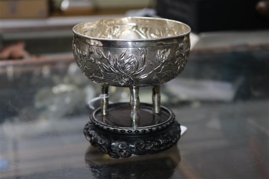 A late 19th/early 20th century Chinese white metal incense burner by Tuck Chang & Co, on hardwood stand, overall height 11.9cm.